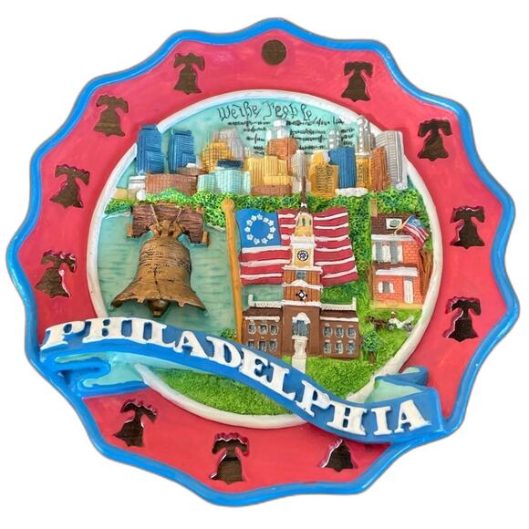 Philadelphia Vintage Red White & Blue Historic Decorative Plate Hand Painted - Picture 1 of 7